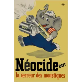 Affiche Néocide DDT Geigy – La Terreur des Moustiques éléphant mascotte années 1950