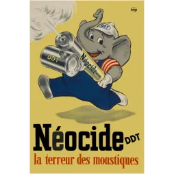 Affiche Néocide DDT Geigy – La Terreur des Moustiques éléphant mascotte années 1950