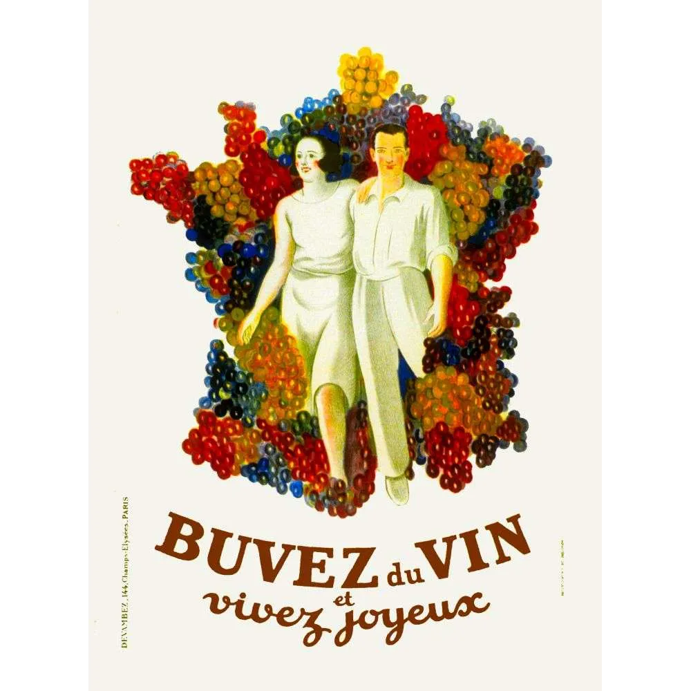 Affiche Buvez du Vin Vivez Joyeux – Carte France raisins Devambez années 1930 Affiche Buvez du Vin Vivez Joyeux – Carte France raisins Devambez années 1930