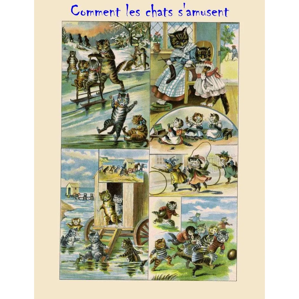 Comment les chats s'amusent – Planche illustrée chats anthropomorphes XIXe siècle Comment les chats s'amusent – Planche illustrée chats anthropomorphes XIXe siècle