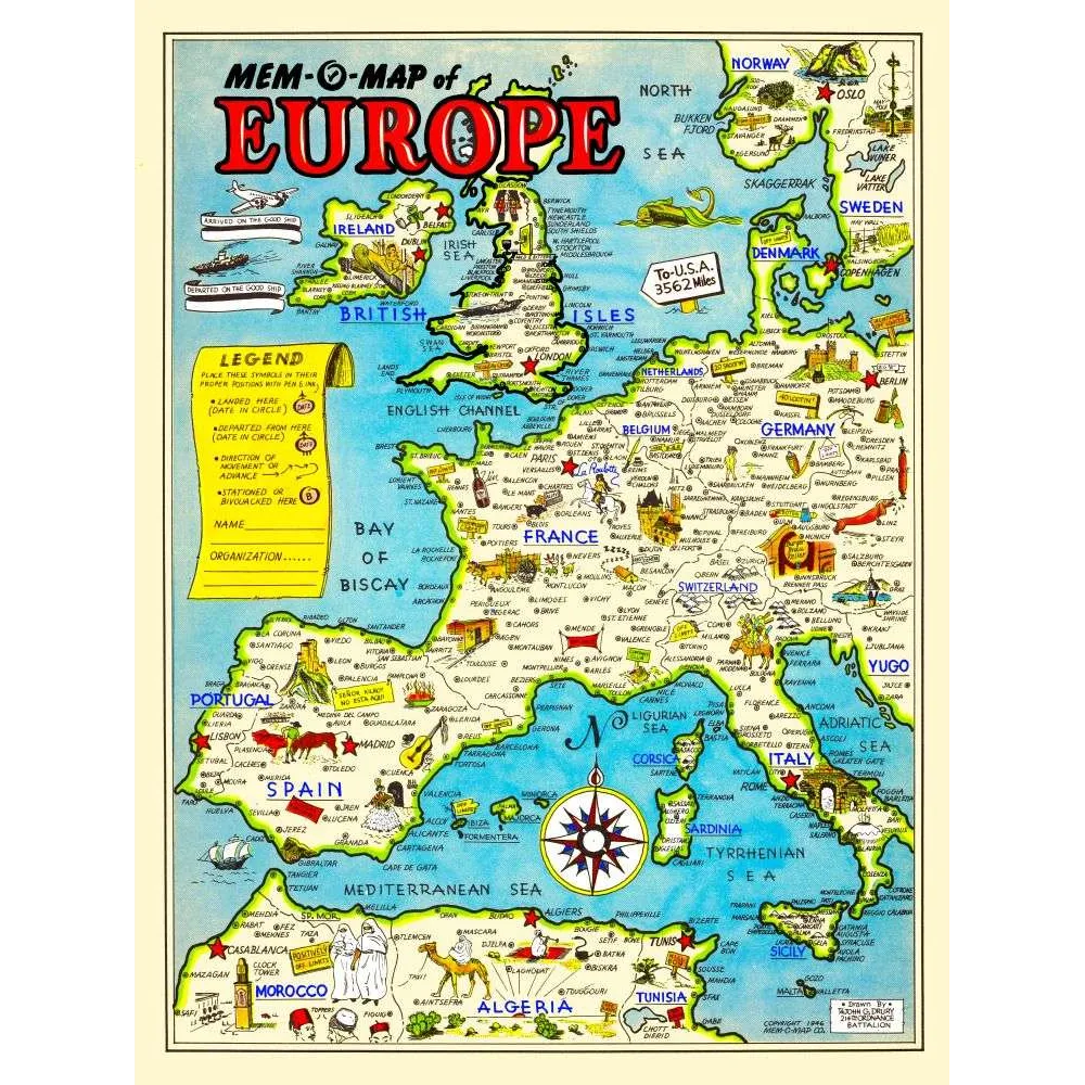 Mem-O-Map of Europe – Carte illustrée militaire américaine 1942 Seconde Guerre
