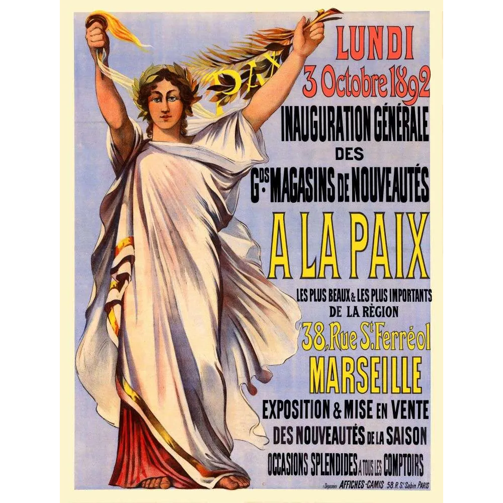 Affiche 1892 Grands Magasins À La Paix Marseille – rue Saint-Ferréol Affiche 1892 Grands Magasins À La Paix Marseille – rue Saint-Ferréol