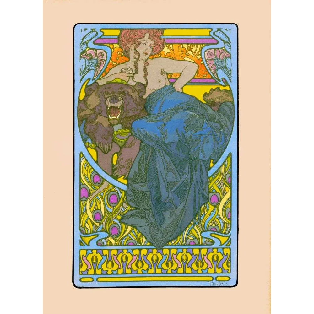 Illustration Art Nouveau femme et ours décor floral vers 1900 Illustration Art Nouveau femme et ours décor floral vers 1900