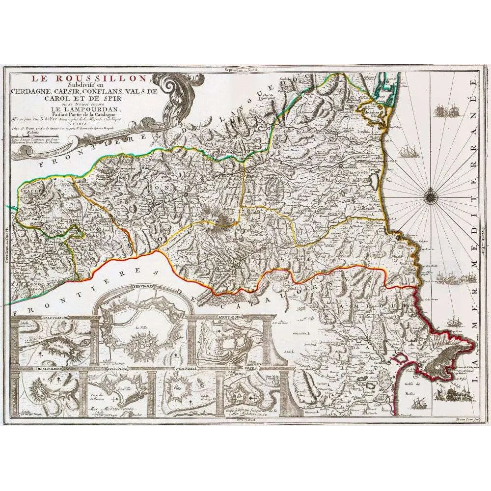 Fac-similé de carte ancienne Le Roussillon Perpignan N. de Fer – XVIIe XVIIIe siècle Fac-similé de carte ancienne Le Roussillon Perpignan N. de Fer – XVIIe XVIIIe siècle