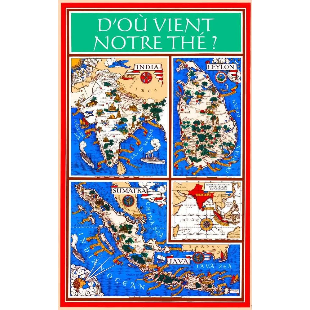 Carte illustrée origines du thé Inde Ceylan Java Sumatra – années 1930 Carte illustrée origines du thé Inde Ceylan Java Sumatra – années 1930