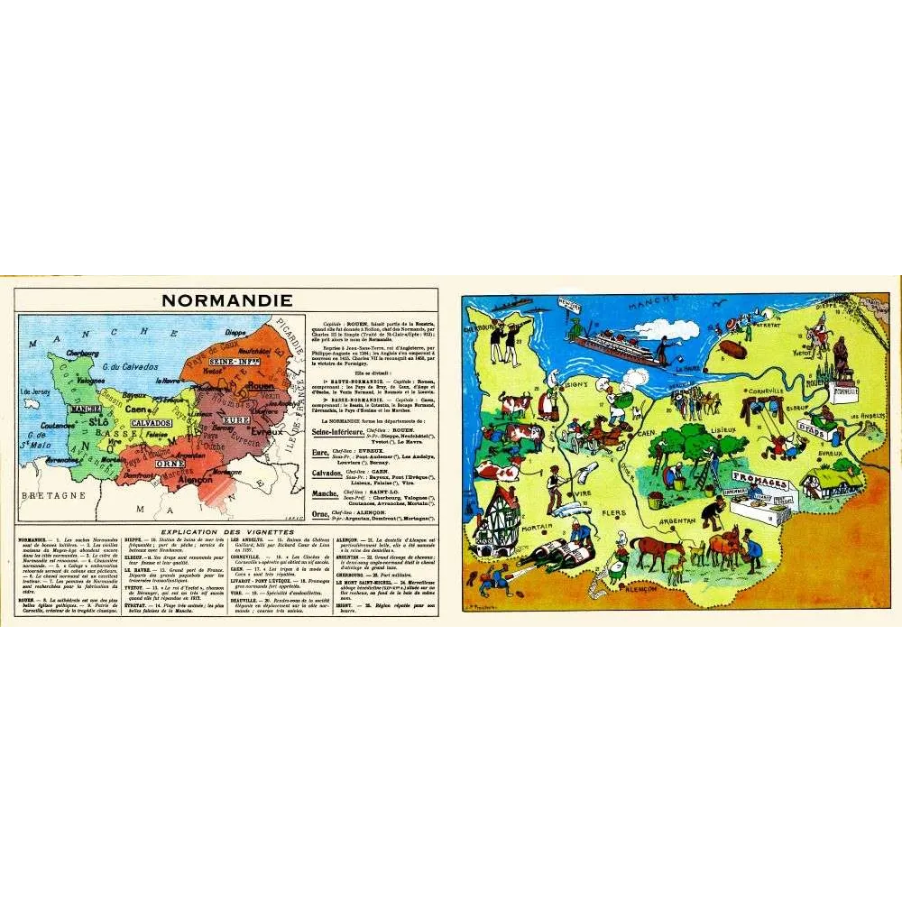 Carte Illustrée de Normandie – Document pédagogique vintage