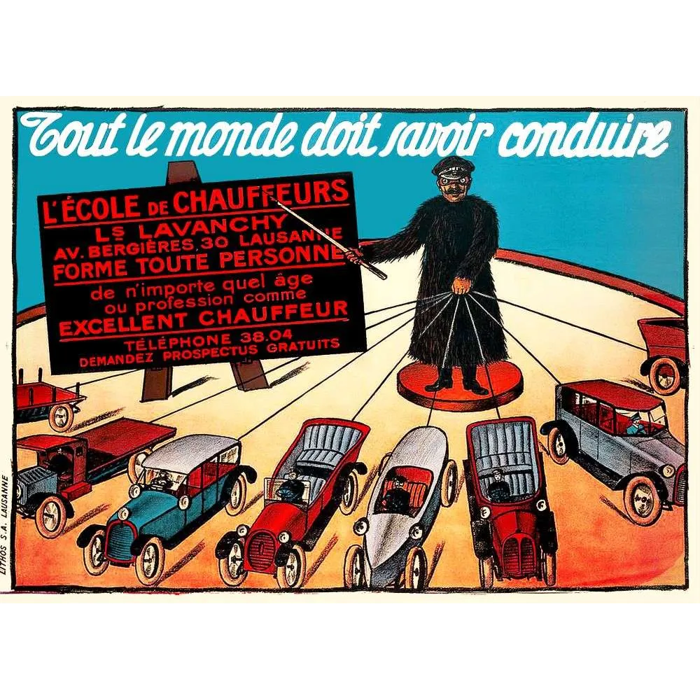 Affiche vintage École Chauffeurs Lavanchy Lausanne voitures manège – Pub auto 1920