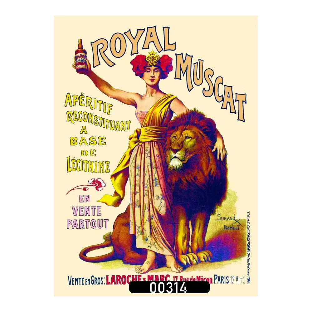 Affiche pub vintage Royal Muscat apéritif lécithine femme lion Belle Époque Paris