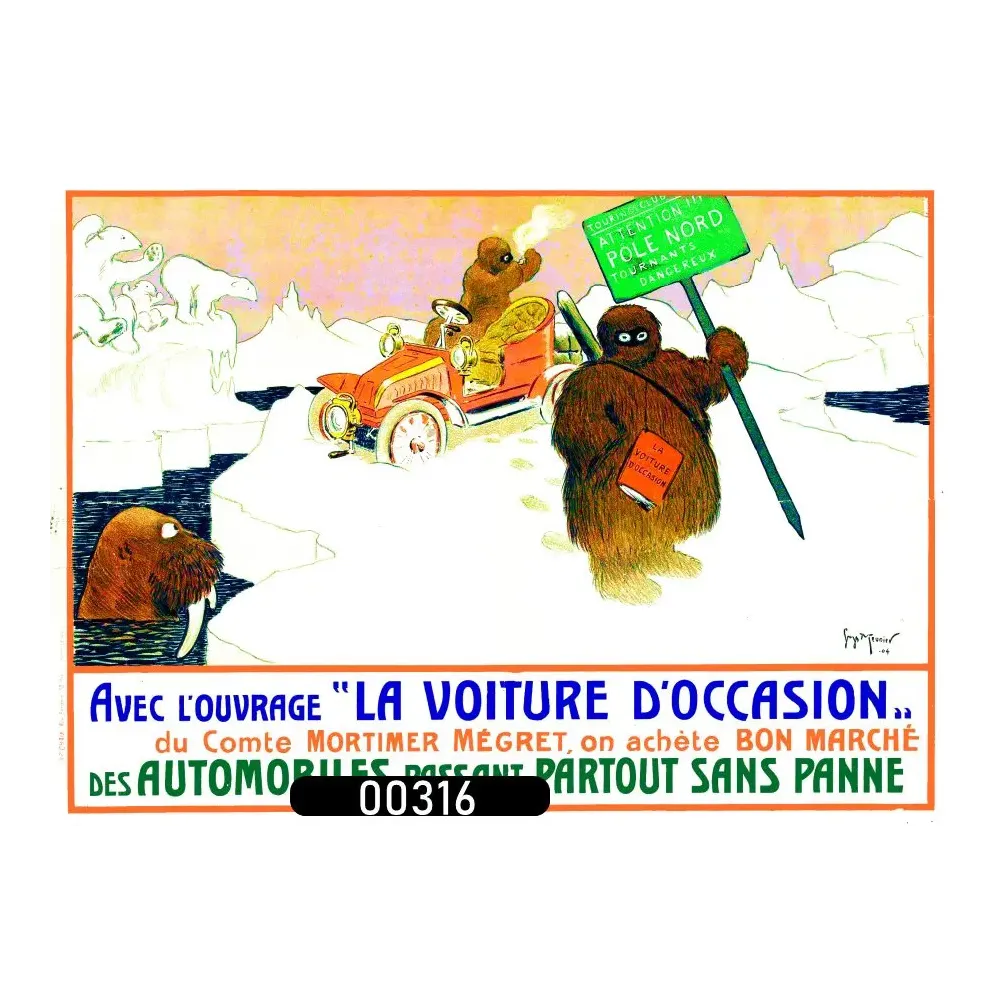 Affiche pub vintage automobile voiture occasion polaire humoristique 1904 Affiche pub vintage automobile voiture occasion polaire humoristique 1904