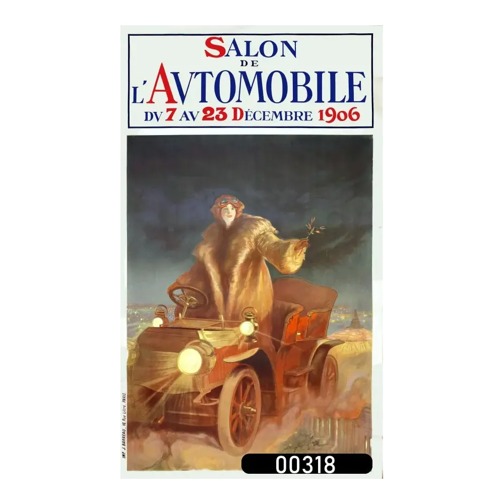 Affiche officielle Salon Automobile Paris 1906 automobiliste femme nuit