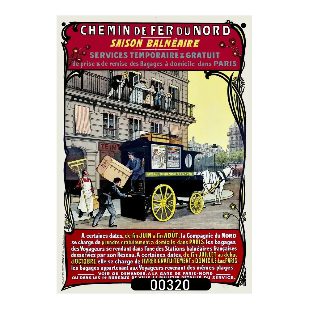Affiche Chemin de Fer du Nord bagages domicile balnéaire Paris Belle Époque Affiche Chemin de Fer du Nord bagages domicile balnéaire Paris Belle Époque
