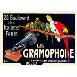 Affiche pub vintage Gramophone perroquets Paris boulevard Italiens 1900