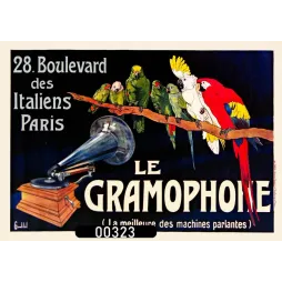 Affiche pub vintage Gramophone perroquets Paris boulevard Italiens 1900