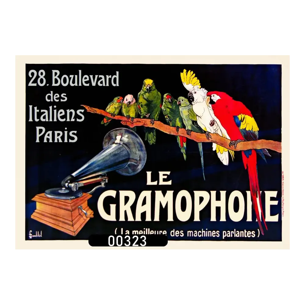Affiche pub vintage Gramophone perroquets Paris boulevard Italiens 1900 Affiche pub vintage Gramophone perroquets Paris boulevard Italiens 1900