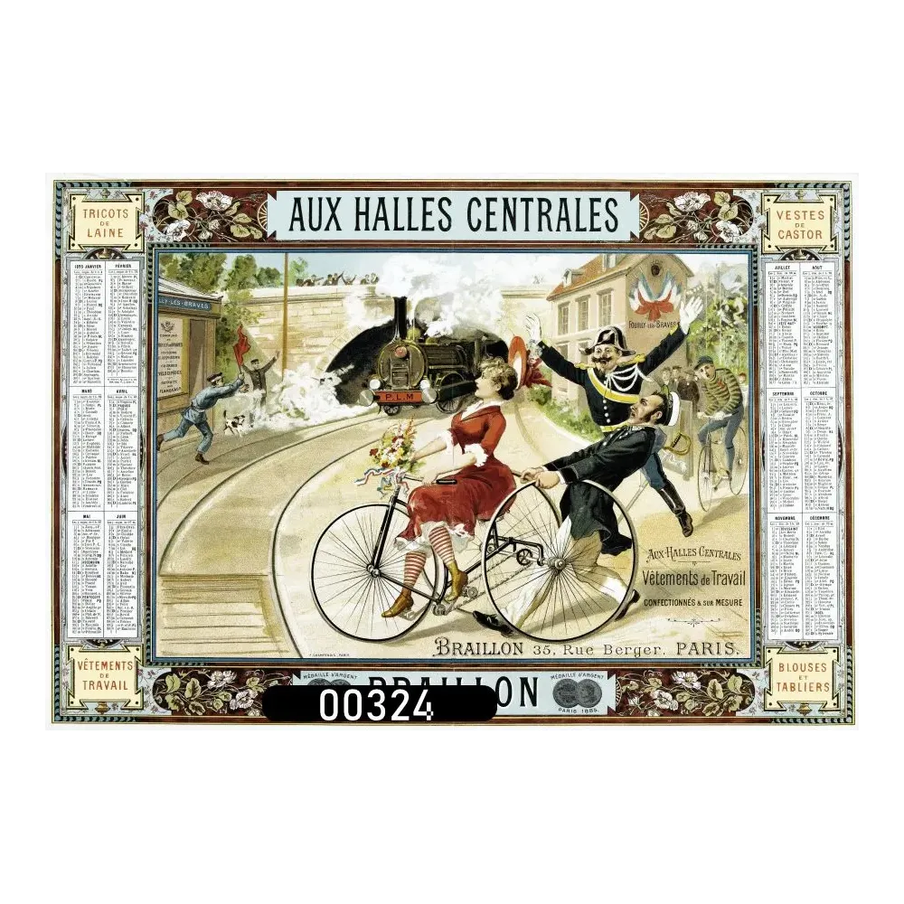 Calendrier publicitaire vintage 1895 Braillon Halles Centrales Paris cycliste locomotive Calendrier publicitaire vintage 1895 Braillon Halles Centrales Paris cycliste locomotive