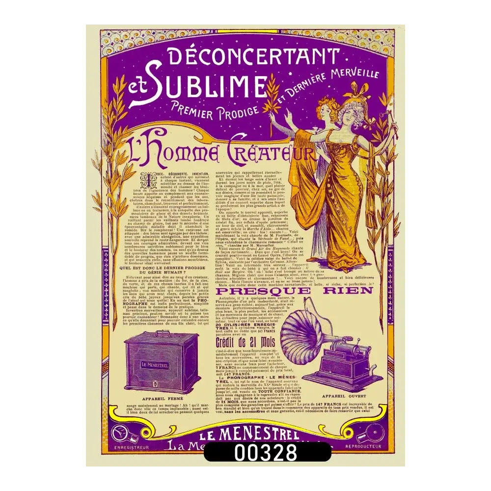 Affiche pub vintage phonographe Le Ménestrel enregistreur Belle Époque Affiche pub vintage phonographe Le Ménestrel enregistreur Belle Époque