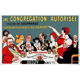 Affiche pub vintage conserves Blachère caricature gourmands banquet Belle Époque