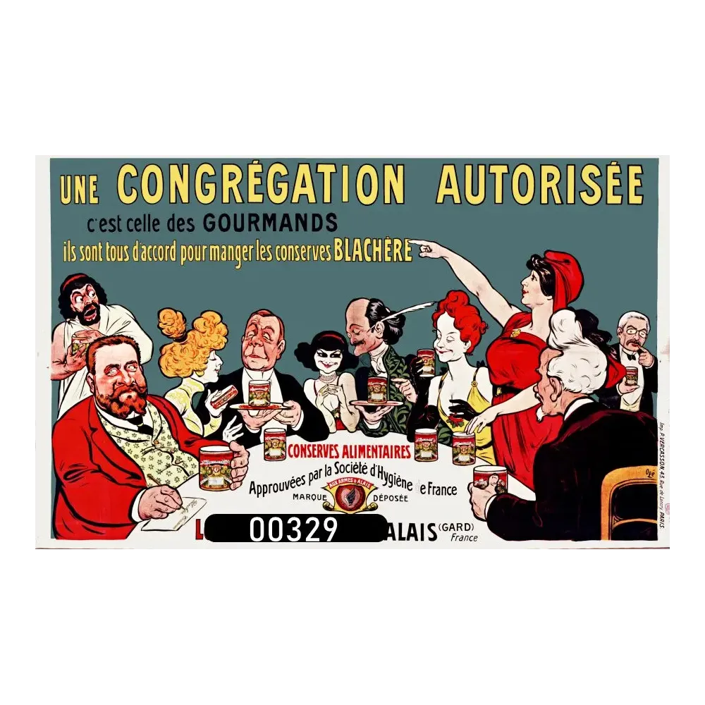Affiche pub vintage conserves Blachère caricature gourmands banquet Belle Époque Affiche pub vintage conserves Blachère caricature gourmands banquet Belle Époque