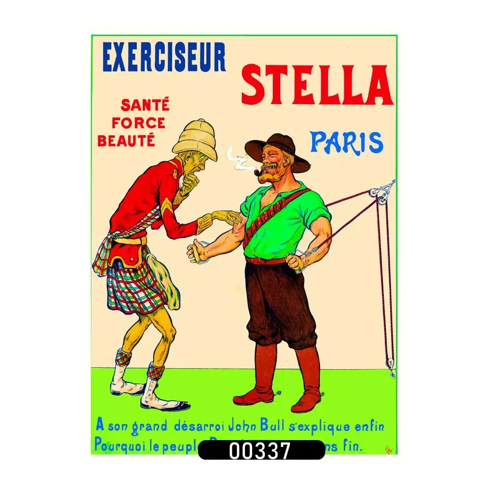 Affiche pub vintage Exerciseur Stella sport Paris caricature John Bull Belle Époque