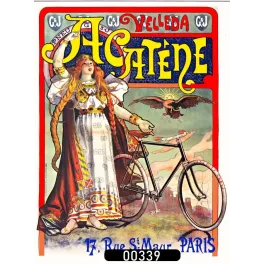 Affiche pub Art Nouveau vélo Acatène Velleda Paris femme rousse aigle Belle Époque