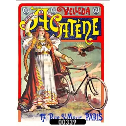 Affiche pub Art Nouveau vélo Acatène Velleda Paris femme rousse aigle Belle Époque