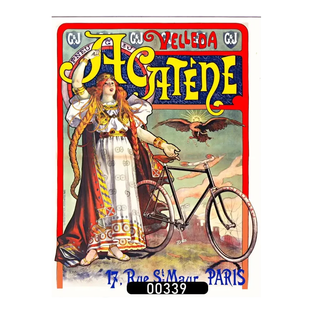 Affiche pub Art Nouveau vélo Acatène Velleda Paris femme rousse aigle Belle Époque Affiche pub Art Nouveau vélo Acatène Velleda Paris femme rousse aigle Belle Époque