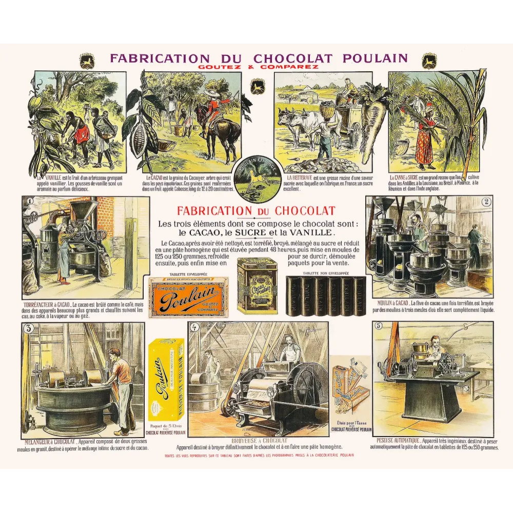 Illustration pédagogique vintage La fabrication du Chocolat Poulain Illustration pédagogique vintage La fabrication du Chocolat Poulain