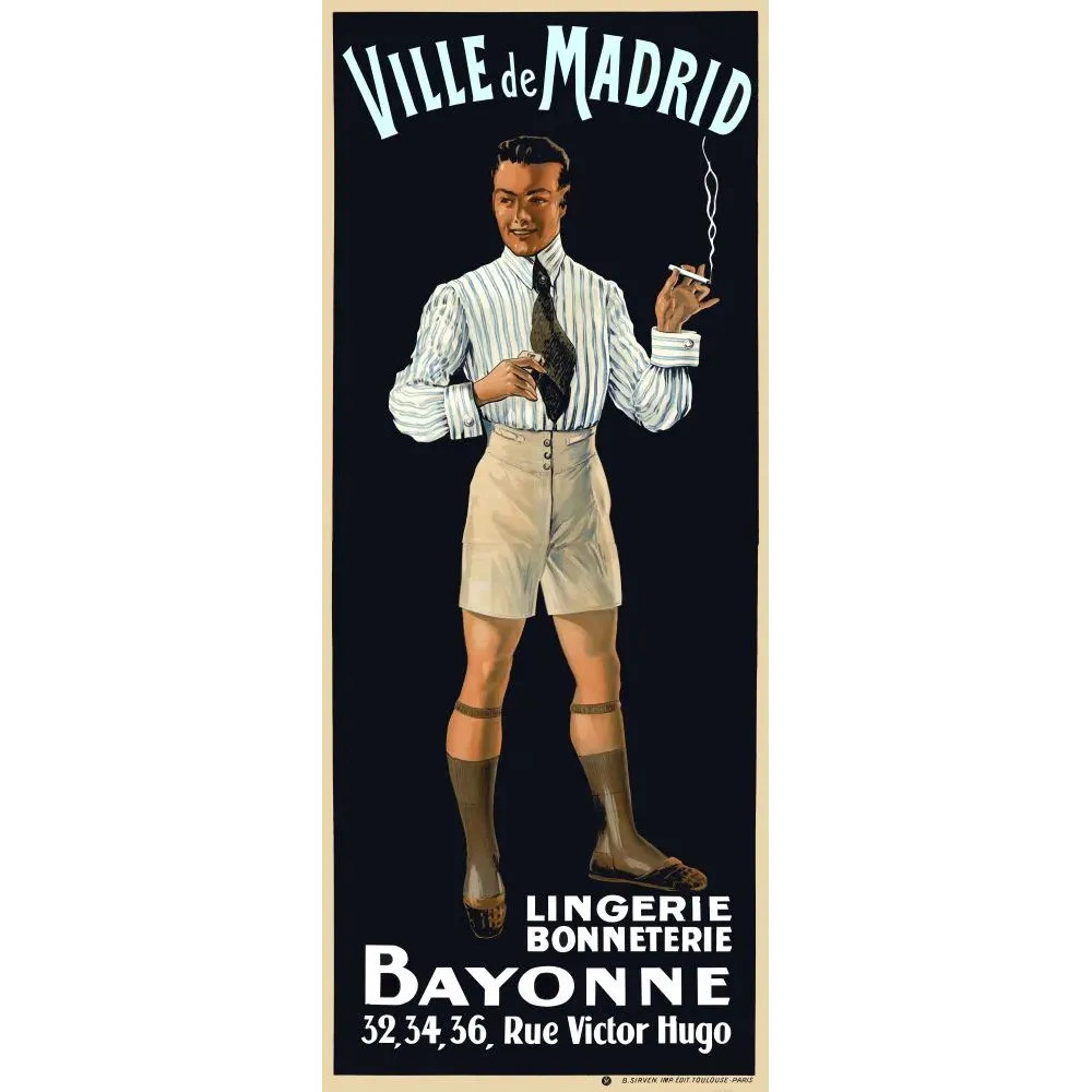 Affiche pub vintage lingerie bonneterie Ville de Madrid Bayonne homme élégant chemise rayée début XXe siècle Affiche pub vintage lingerie bonneterie Ville de Madrid Bayonne homme élégant chemise rayée début XXe siècle