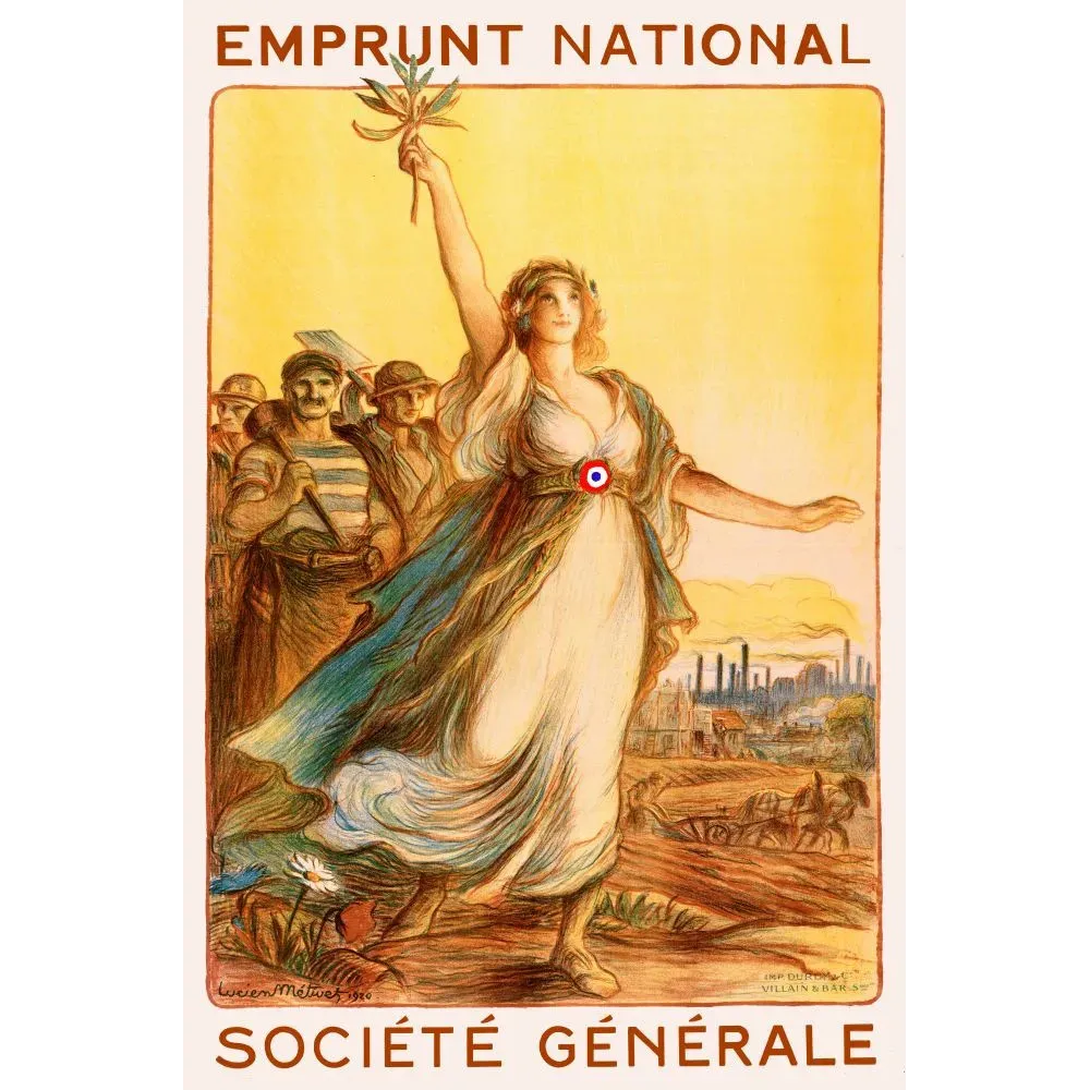 Affiche pub vintage emprunt national Société Générale 1920 figure allégorique féminine Lucien Métivet