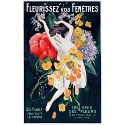 Affiche pub vintage Fleurissez vos Fenêtres Les Amis des Fleurs Paris femme bouquet capucines lilas