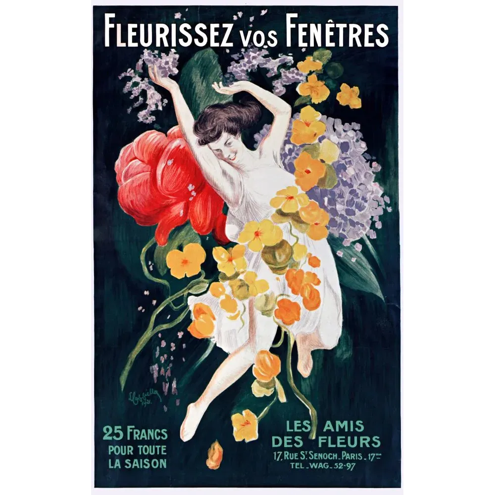 Affiche pub vintage Fleurissez vos Fenêtres Les Amis des Fleurs Paris femme bouquet capucines lilas