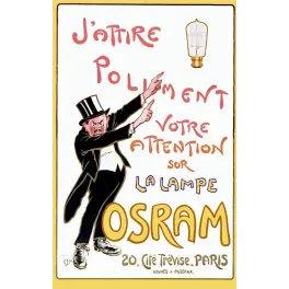 Affiche pub vintage lampe Osram Paris caricature homme chapeau haut-de-forme pointant ampoule électrique