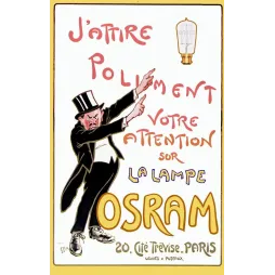 Affiche pub vintage lampe Osram Paris caricature homme chapeau haut-de-forme pointant ampoule électrique