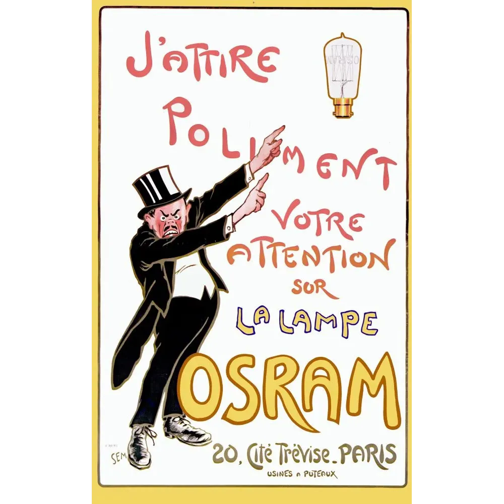 Affiche pub vintage lampe Osram Paris caricature homme chapeau haut-de-forme pointant ampoule électrique Affiche pub vintage lampe Osram Paris caricature homme chapeau haut-de-forme pointant ampoule électrique