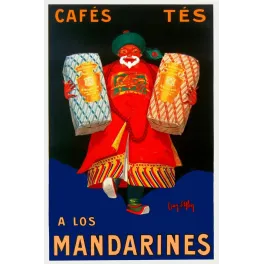 Affiche pub vintage Cafés Thés A los Mandarines personnage mandarin chinois rouge paquets fond noir