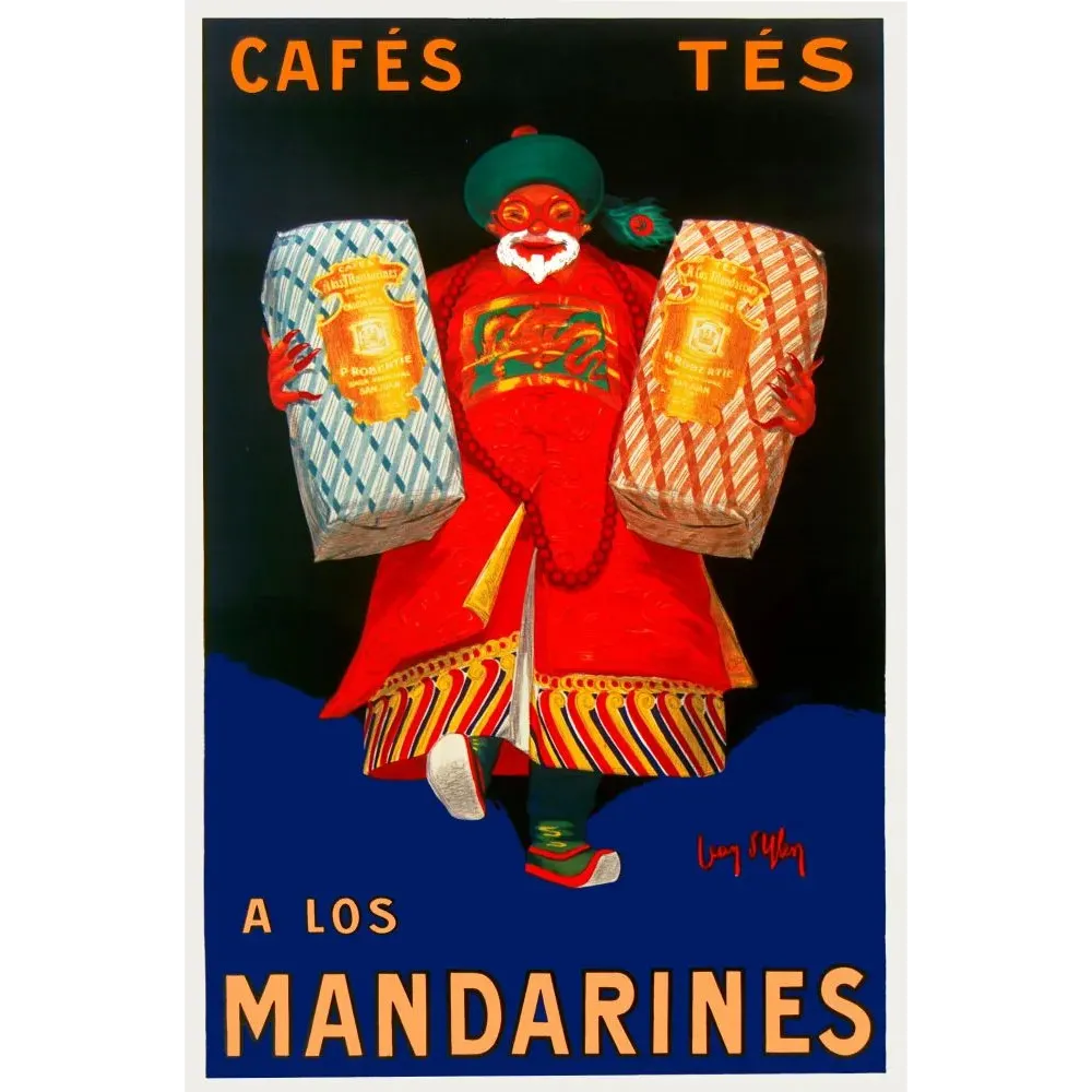 Affiche pub vintage Cafés Thés A los Mandarines personnage mandarin chinois rouge paquets fond noir Affiche pub vintage Cafés Thés A los Mandarines personnage mandarin chinois rouge paquets fond noir