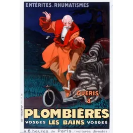 Affiche pub vintage Plombières-les-Bains Vosges thermes 1931 vieillard guéri rhumatismes comique