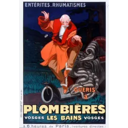 Affiche pub vintage Plombières-les-Bains Vosges thermes 1931 vieillard guéri rhumatismes comique