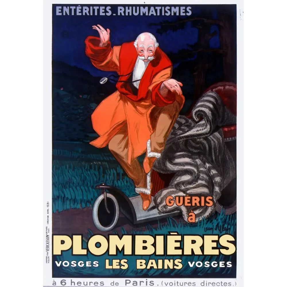 Affiche pub vintage Plombières-les-Bains Vosges thermes 1931 vieillard guéri rhumatismes comique Affiche pub vintage Plombières-les-Bains Vosges thermes 1931 vieillard guéri rhumatismes comique
