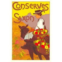 Affiche pub vintage conserves Saxon Suisse paysanne âne paniers pommes paysage alpin