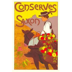 Affiche pub vintage conserves Saxon Suisse paysanne âne paniers pommes paysage alpin