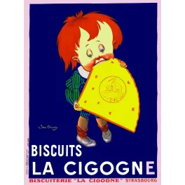 Affiche pub vintage biscuits La Cigogne Strasbourg enfant roux croque biscuit fond bleu