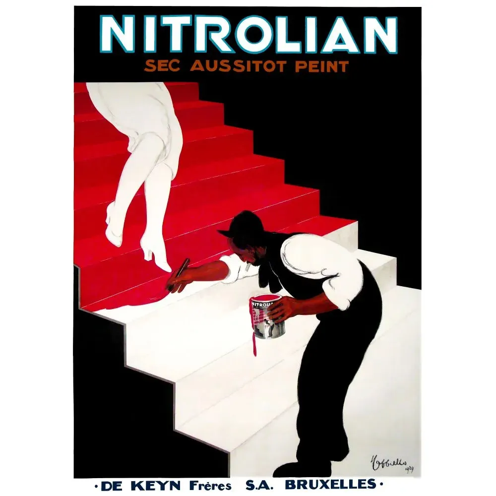 Affiche pub vintage Nitrolian peinture séchage rapide Bruxelles 1929 escalier rouge blanc noir Art Déco Affiche pub vintage Nitrolian peinture séchage rapide Bruxelles 1929 escalier rouge blanc noir Art Déco