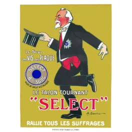 Affiche pub vintage talon tournant Select Paris caricature bourgeois habit noir chapeau haut-de-forme