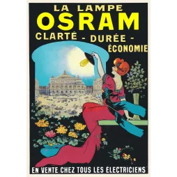 Affiche vintage lampe Osram Paris femme rousse balcon fleuri vue Opéra éclairage électrique