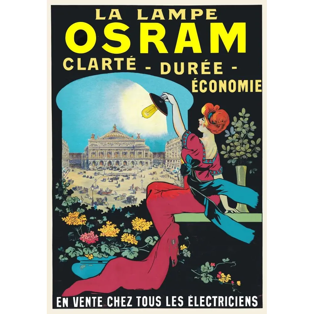 Affiche vintage lampe Osram Paris femme rousse balcon fleuri vue Opéra éclairage électrique