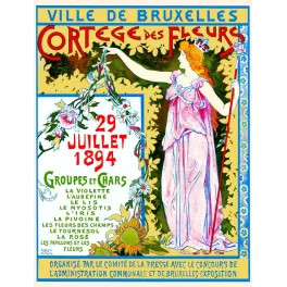 Affiche Cortège des Fleurs Bruxelles 1894 figure féminine Art Nouveau guirlande florale