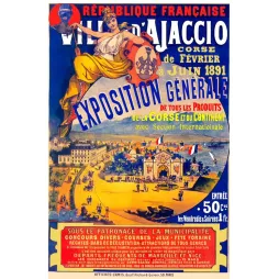Affiche exposition générale Ajaccio Corse 1891 allégorie République vue panoramique baie drapeaux