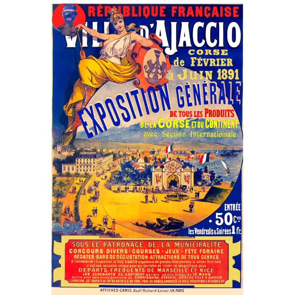 Affiche exposition générale Ajaccio Corse 1891 allégorie République vue panoramique baie drapeaux Affiche exposition générale Ajaccio Corse 1891 allégorie République vue panoramique baie drapeaux