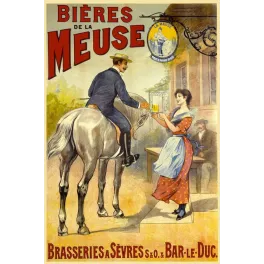 Affiche pub vintage Bières de la Meuse cavalier cheval serveuse verre doré brasseries Sèvres Bar-le-Duc